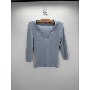 Y2K Moda International Silk Blend Ribbed V Neck Sweater Top Blue Large